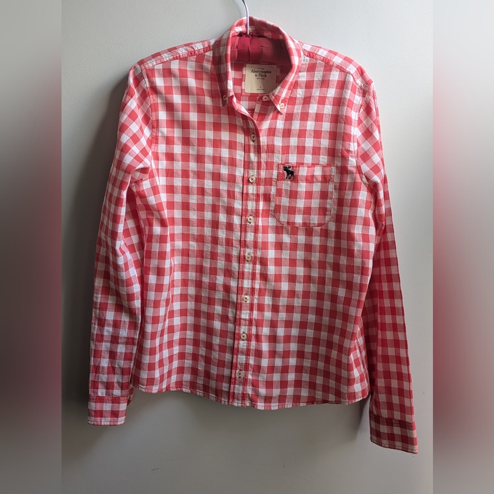Abercrombie & Fitch Gingham Check Button Down Shirt Long Sleeve Red L